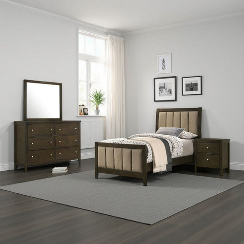 Wily 4pc Twin Size Bedroom Set, Dresser Mirror, Dark Brown Upholstery