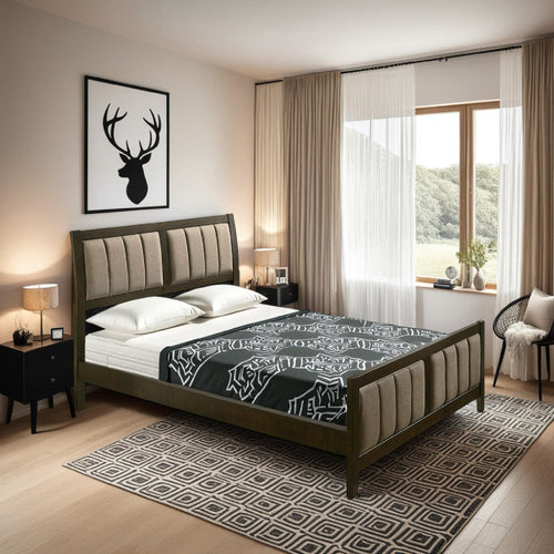 Wily Queen Size Bed, Channel Tufted Upholstered Headboard, Dark Brown