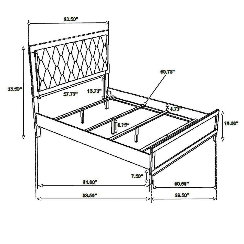 Noro Queen Size Bed White Melamine Hexagonal Tufted Upholstery