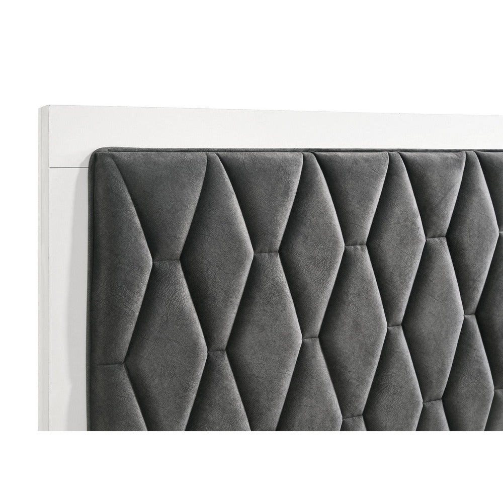 Noro King Size Bed White Melamine Hexagonal Tufted Upholstery