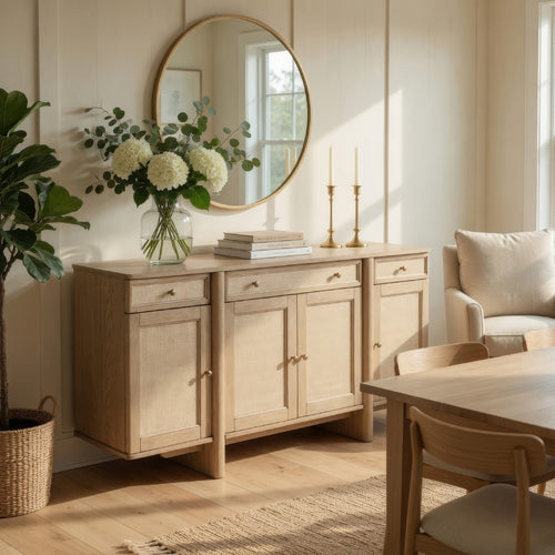 Lno Sideboard Buffet Cabinet, 4 Cane Woven Doors, Beige Wood 66 Inch