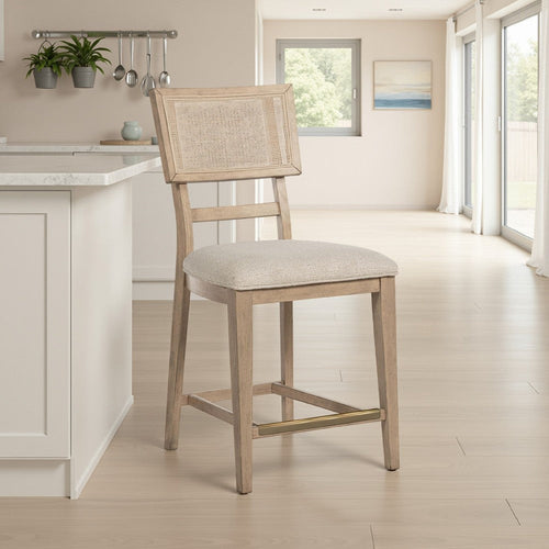 Lno Counter Dining Side Chair Set of 2, Rattan Woven Back, Beige Wood