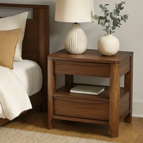 Rie Nightstand w 2 Drawers and Lower Shelf, Walnut Brown Poplar Wood