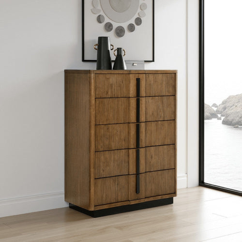 Reon Tall Dresser Chest, 5 Drawers, Decorative Reeded Ash Brown Black