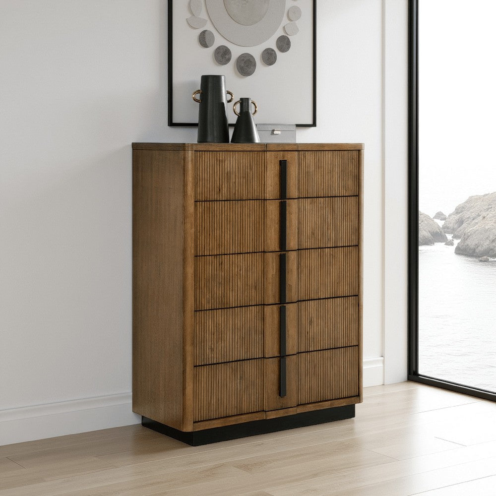 Reon Tall Dresser Chest, 5 Drawers, Decorative Reeded Ash Brown Black