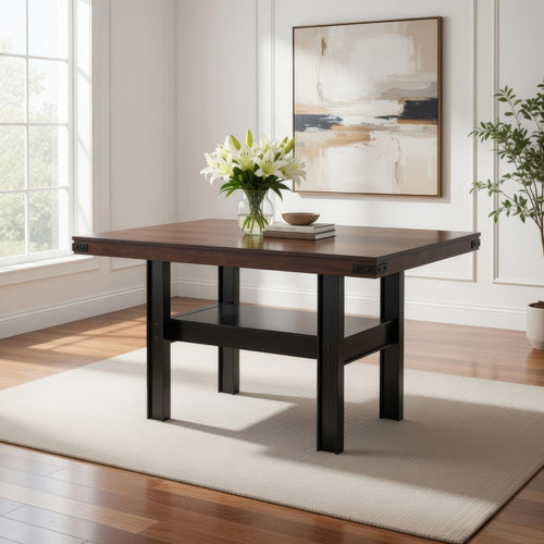 Patter Counter Height Dining Table, Shelf, 60 Inch Black Brown Wood