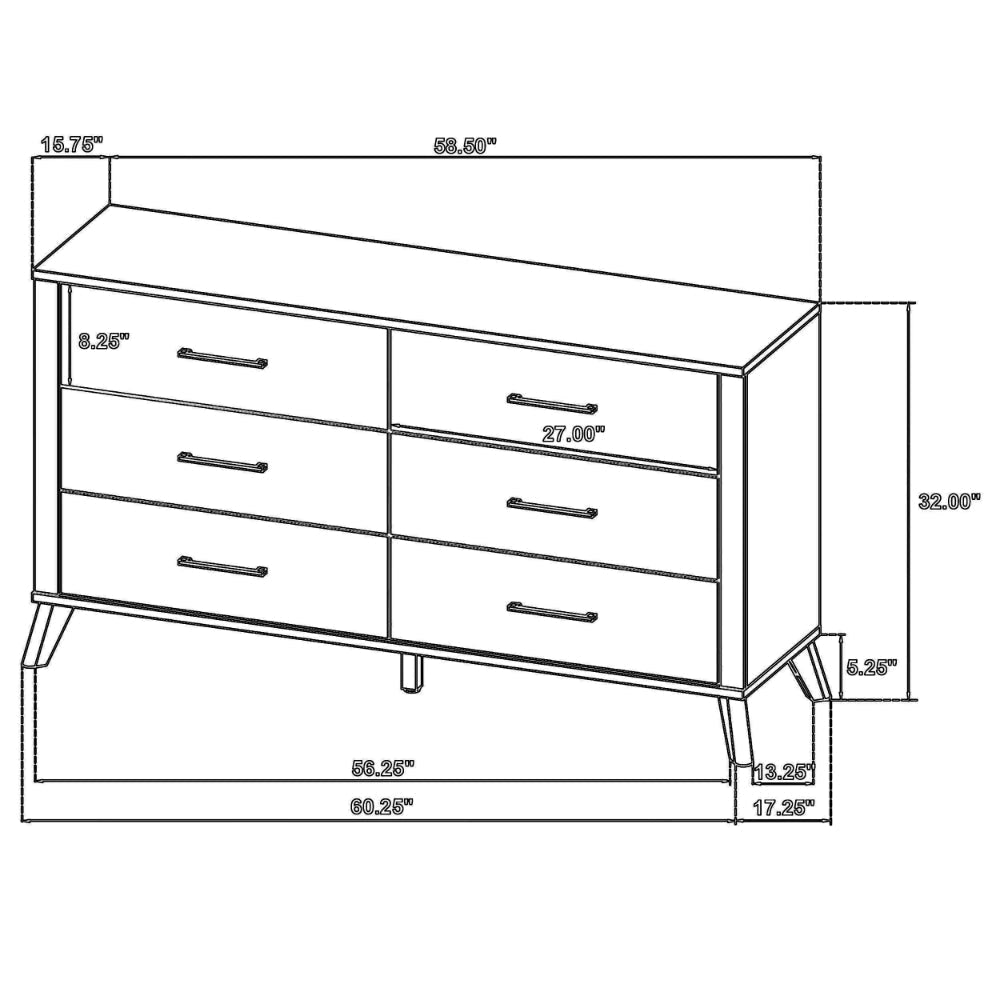 Wemy Wide Dresser w 6 Drawers Metal Legs Weathered Brown Pine Wood BM328773