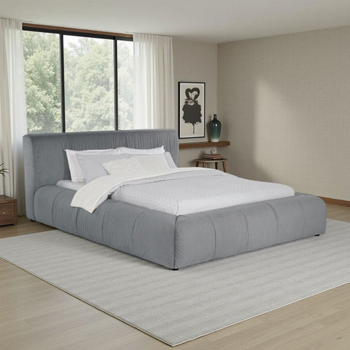 Limo Queen Platform Bed, Gray Upholstered Pleated Frame, Low Profile