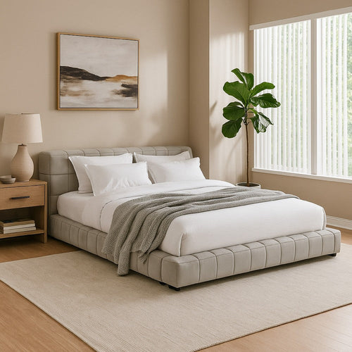 Jimo Queen Platform Bed, Grid Tufted Frame, Taupe Brown Upholstery