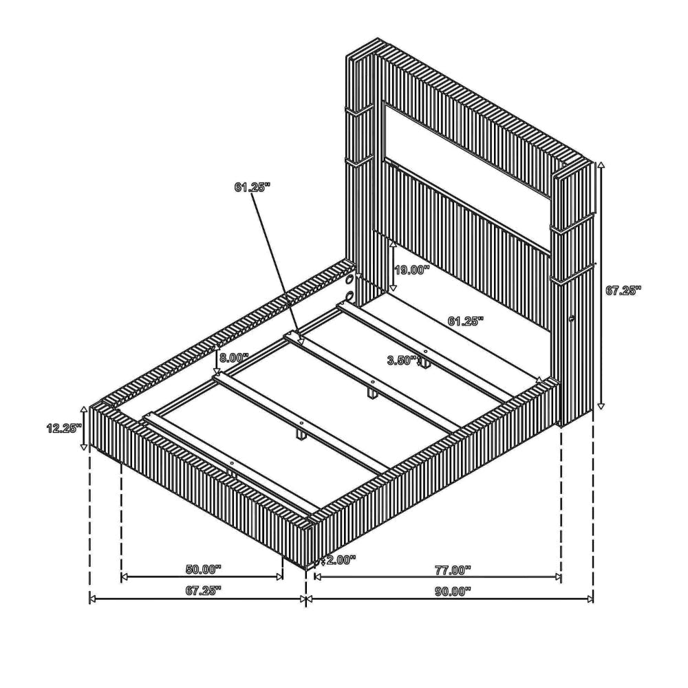 Caro Queen Bed Wingback Panel w LED Flame Black Corduroy Upholstery
