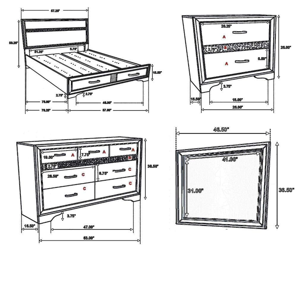 Vino 4pc Full Bedroom Set Storage Footboard Black Glitter Stripes