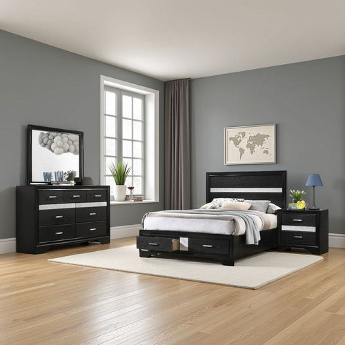 Vino 4pc Full Bedroom Set, Storage Footboard, Black, Glitter Stripes