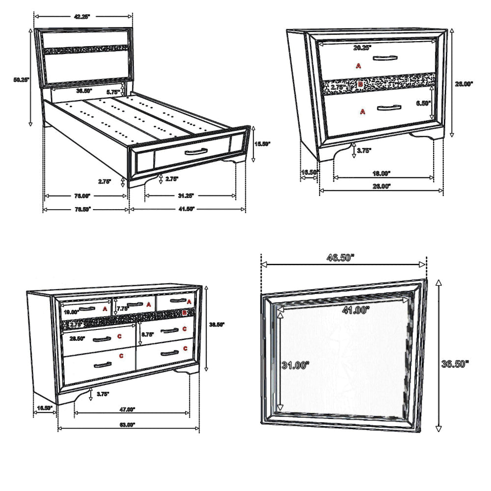 Vino 4pc Twin Bedroom Set Storage Footboard White Glitter Stripes