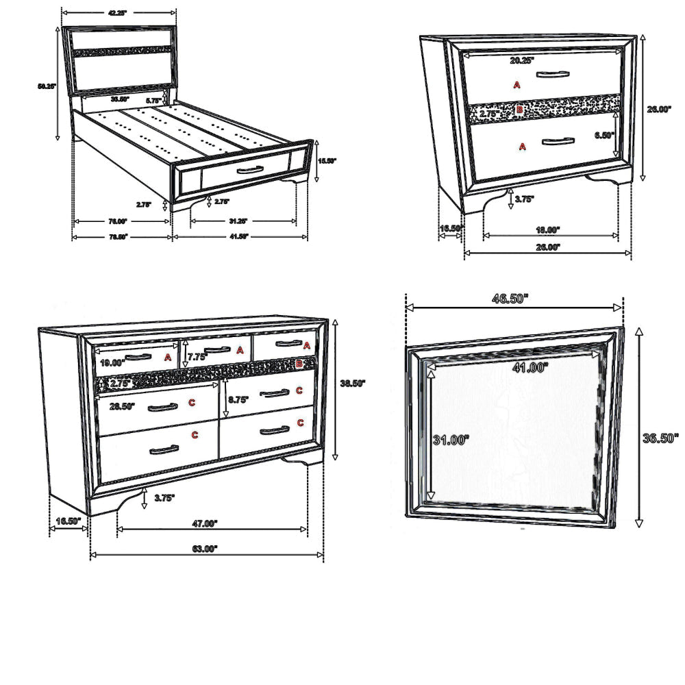 Vino 4pc Twin Bedroom Set Storage Footboard Black Glitter Stripes