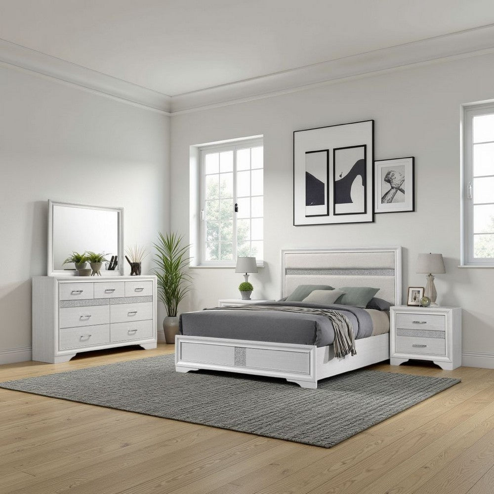 slim fit dress slacks Benjara Vino 4pc Full Bedroom Set, White Upholstery, Glitter Striped Dresser