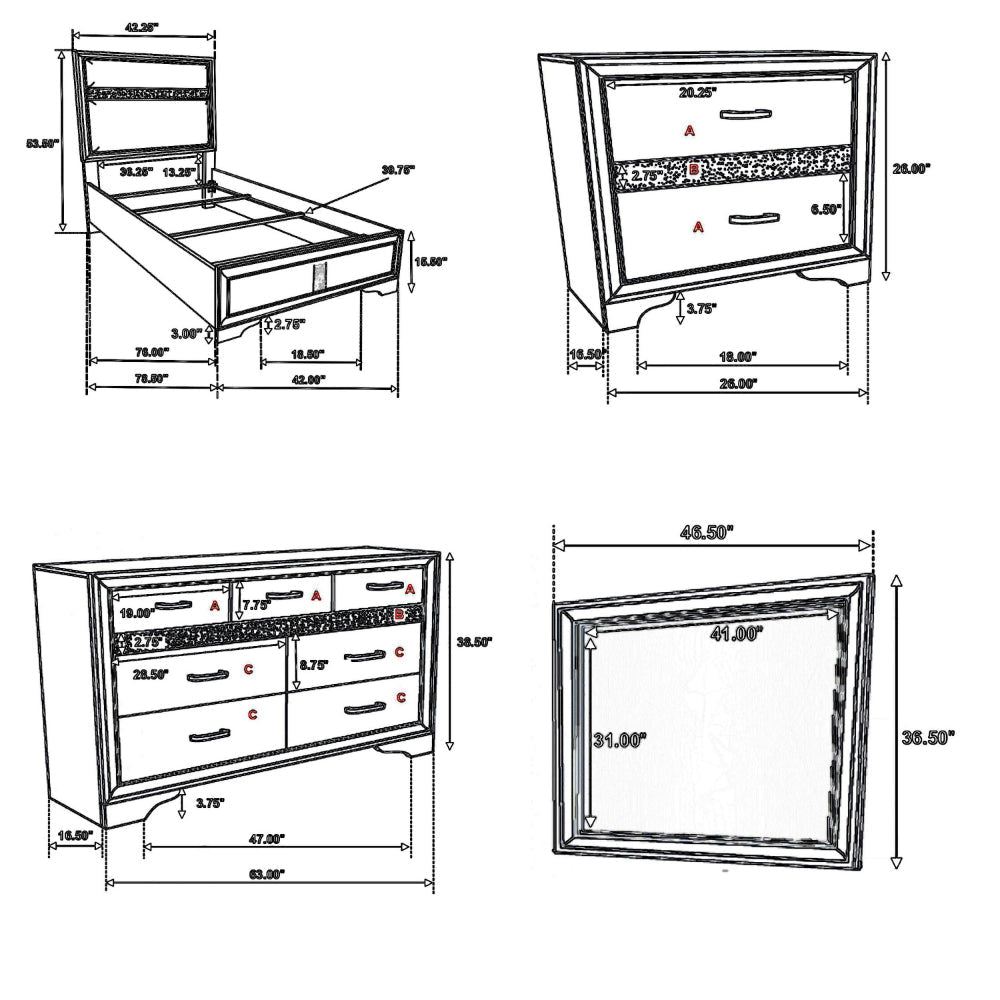 Vino 4pc Twin Bedroom Set Black Upholstery Glitter Striped Dresser