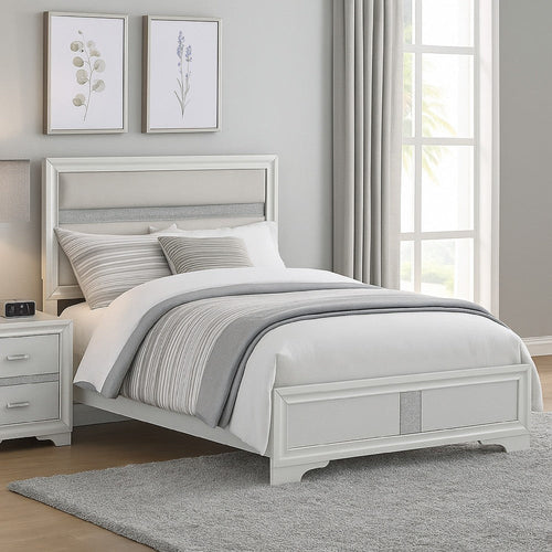 Vino Queen Size Bed, Panel Headboard White Upholstery, Glitter Stripe