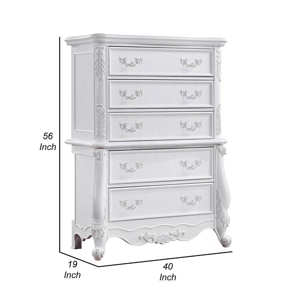 Maver Tall Dresser Chest with 5 Drawer Scrolled Details White Wood BM328823