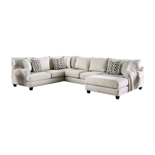 Moi Sectional Sofa, Beige Fabric, 6 Accent Throw Pillows, 141 Inch