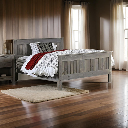 Waly Queen Bed, Farmhouse Plank Style Design, Classic Gray Pine Wood