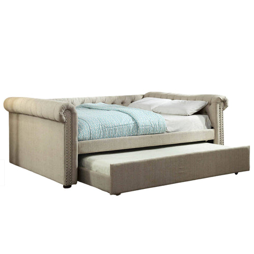 Leap Queen Daybed with Trundle, Button Tufting, Beige Linen Upholstery