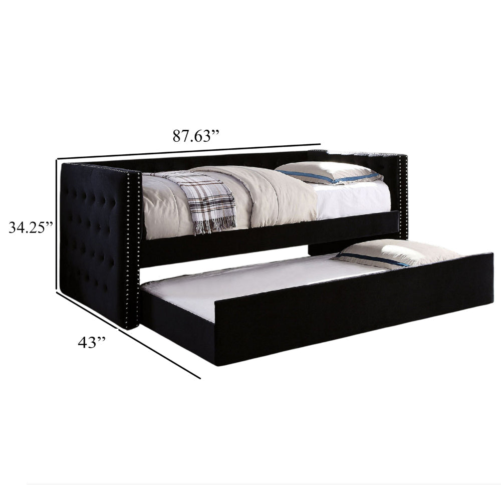 Suzo Daybed with Trundle Black Flannelette Upholstery Nailhead Trim BM328859