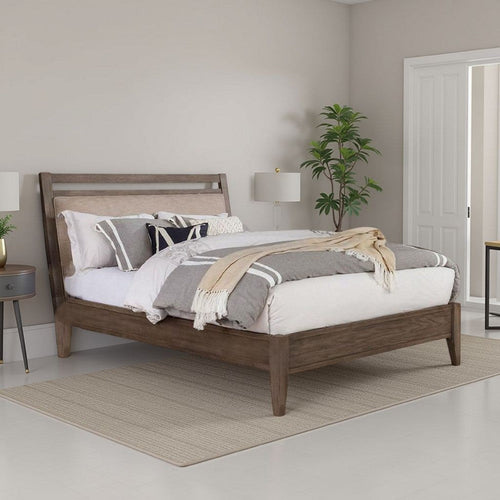 Wana Queen Size Bed with Beige Headboard, Gray Brown Solid Wood