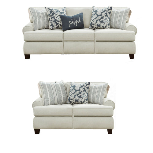 Pery 2pc Sofa and Loveseat Set, 9 Accent Pillows, Ivory Chenille