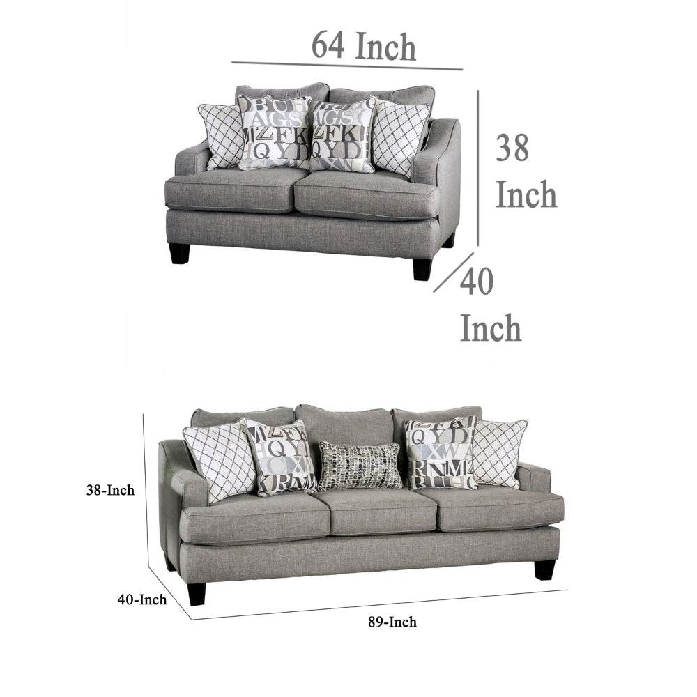Lye 2pc Sofa and Loveseat Set w 9 Pillows Wingback Blue Gray Fabric BM328929