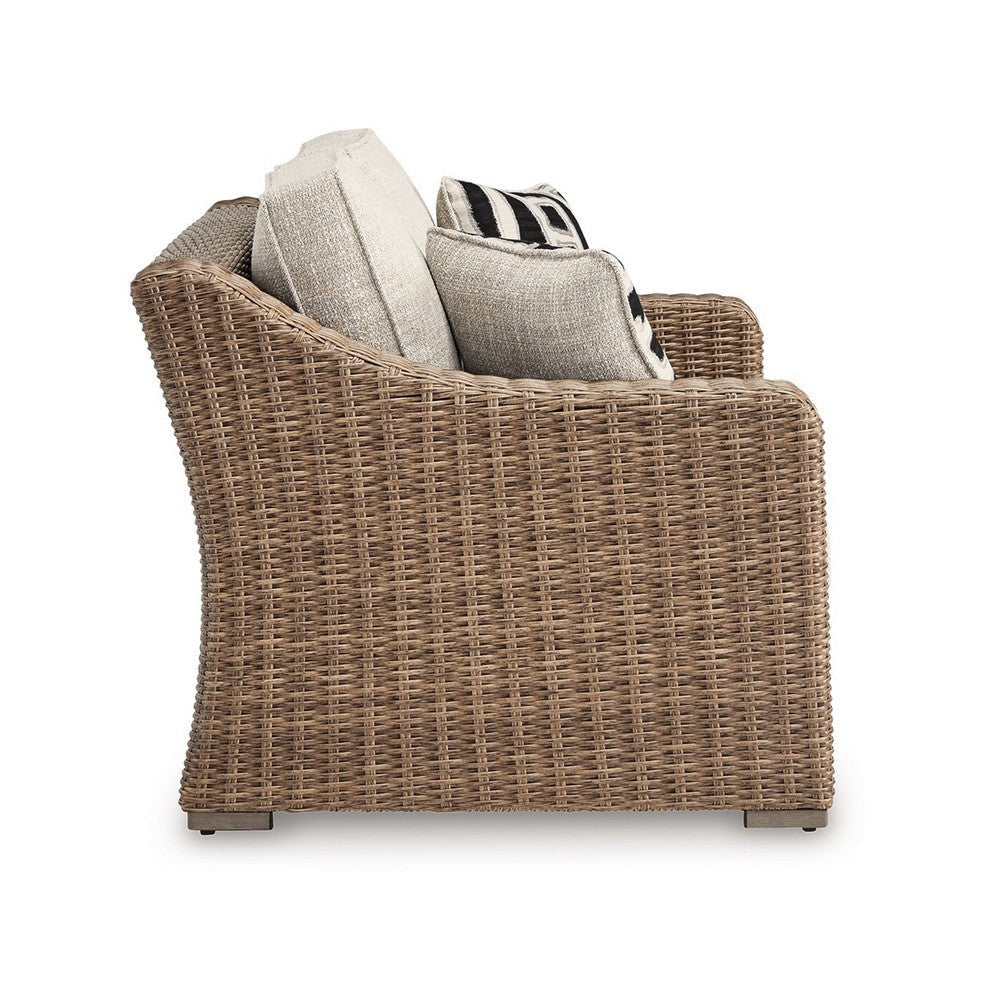 Ashley Tira Outdoor Loveseat 57 Inch Handwoven Resin Wicker Beige Pillows BM328961