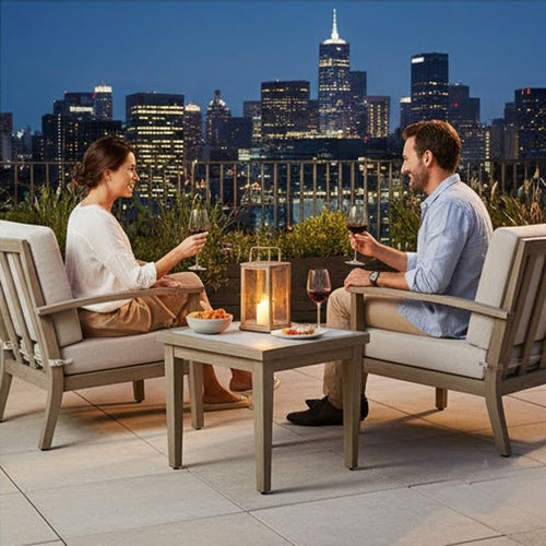 Ashley Inaya Outdoor Square End Table, Beige Sintered Stone, 24 Inch Brown
