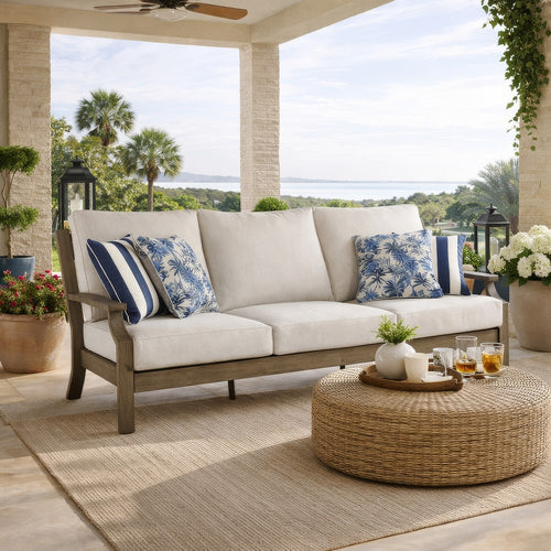 Ashley Inaya Outdoor Sofa, 4 Throw Pillows, Cream White, 89 Inch Brown Metal