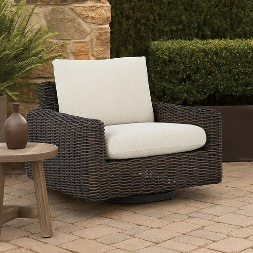 Ashley Kimo Outdoor Swivel Glider Lounge Chair, Beige, Dark Brown Metal