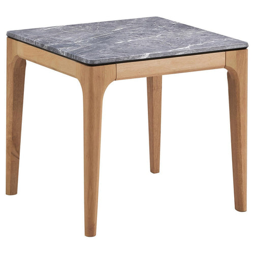 Aris Side End Table, 24 Inch Gray Faux Marble, Square Light Oak Wood