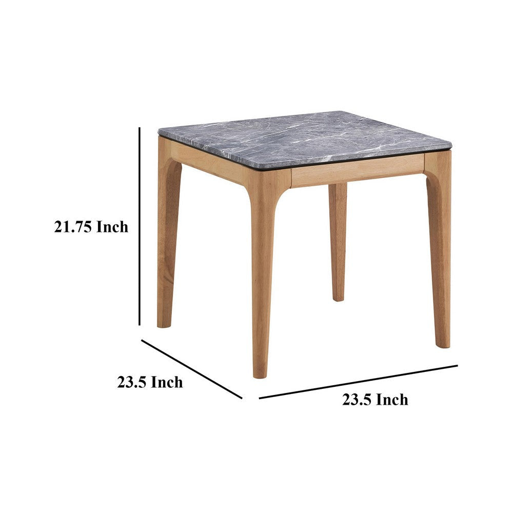 Aris Side End Table 24 Inch Gray Faux Marble Square Light Oak Wood BM329072