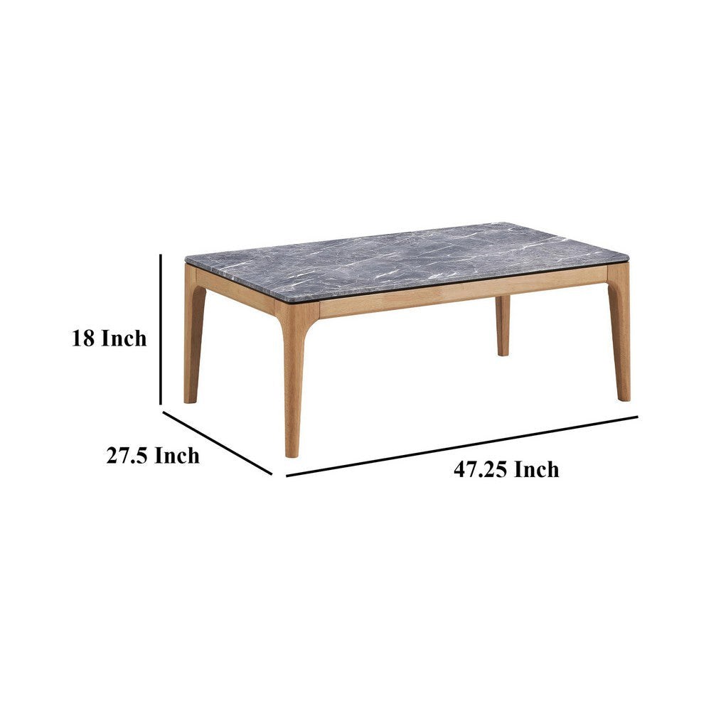Aris Coffee Table 47 Inch Gray Faux Marble Rectangular Brown Wood BM329073