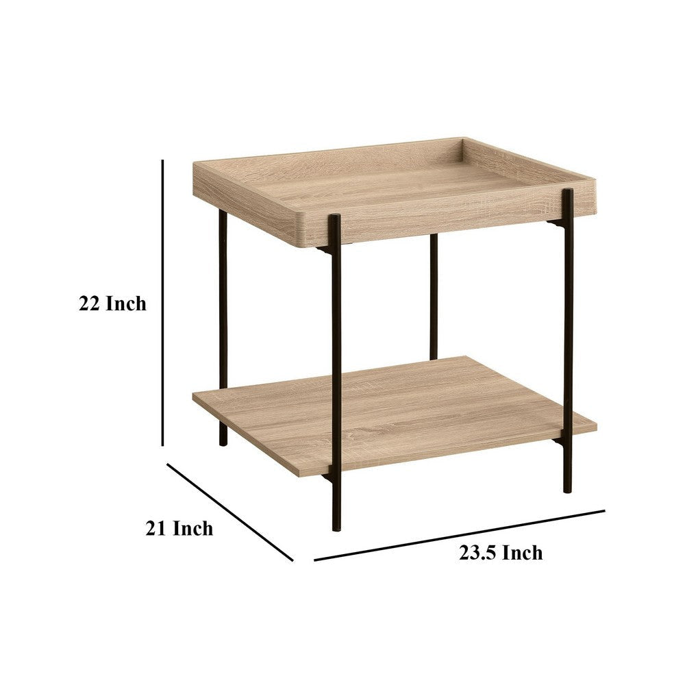 Allen Side End Table Tray Top Shelf 23 Inch Brown Wood Black Metal BM329078