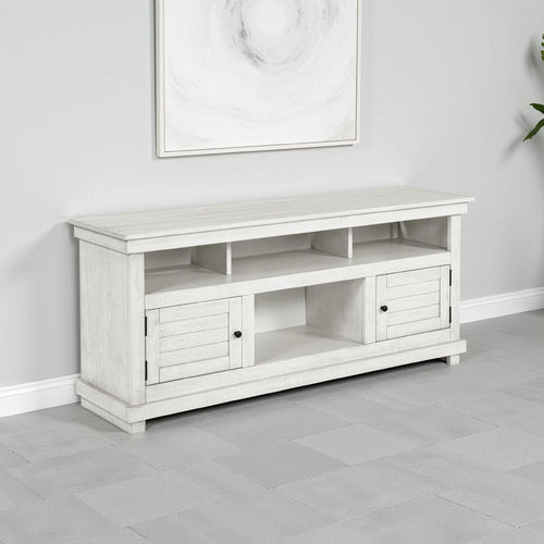 Ayne TV Stand Media Cabinet, 2 Doors and 4 Shelves, White Wood 60 Inch