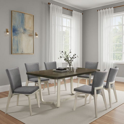 Loxy Dining Table, Curved Base, Rectangular Gray Brown Wood 71 Inch