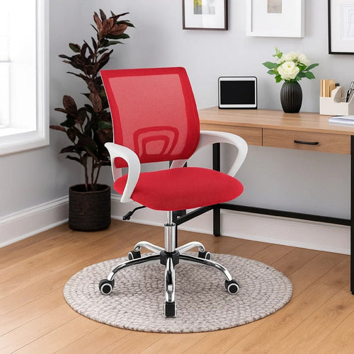 Fera Rolling Office Chair, Adjustable Chrome Base, Red Mesh Fabric