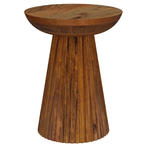 Ureo Round Accent Side Table, Cone Pedestal Base, Brown Mango Wood