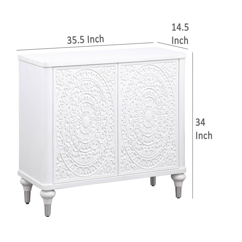 Cardi Accent Cabinet 2 Medallion Carved Doors 36 Inch Classic White BM329161