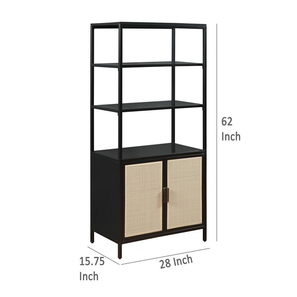 Lanie Tall Accent Cabinet 3 Shelves 2 Doors PE Cane Black Metal