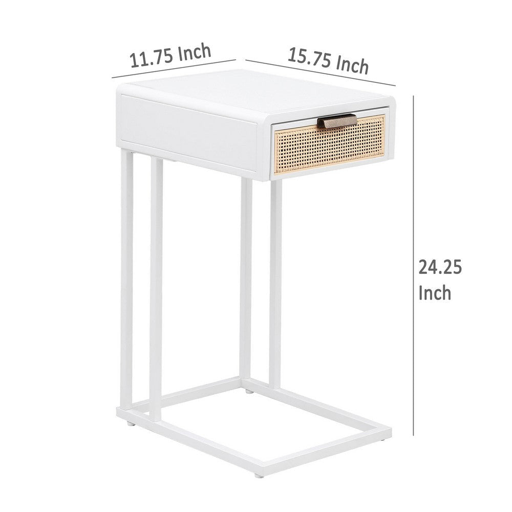 Lanie Side C Table 1 Drawer Sleek White Metal Frame Faux Rattan