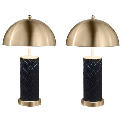 Eris Table Lamp Set of 2 with LED, Gold Dome Shade, Black Faux Leather
