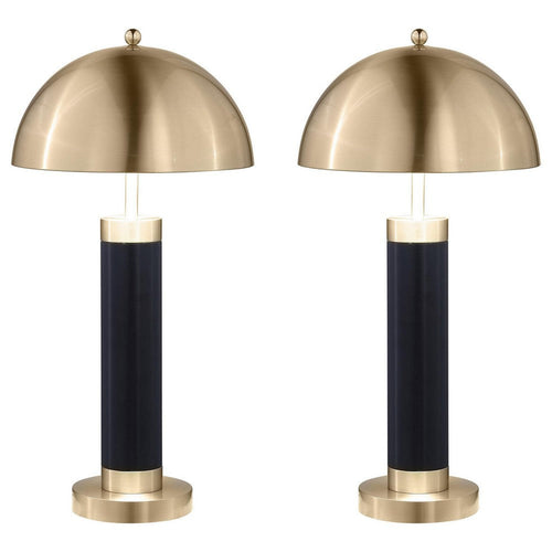 Cony Tall Table Lamp Set of 2, LED, Gold Dome Shade Black Faux Leather