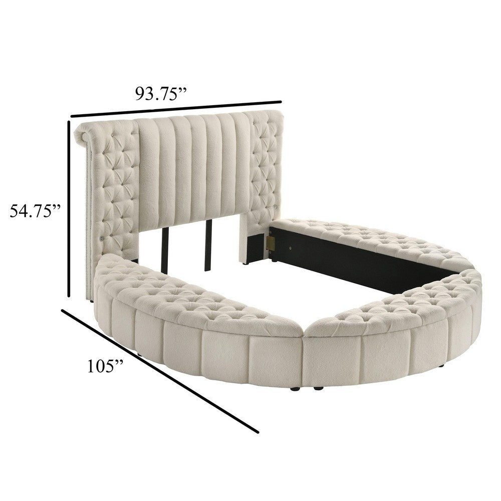 Neya King Round Bed with Storage Wingback Ivory Boucle Upholstery