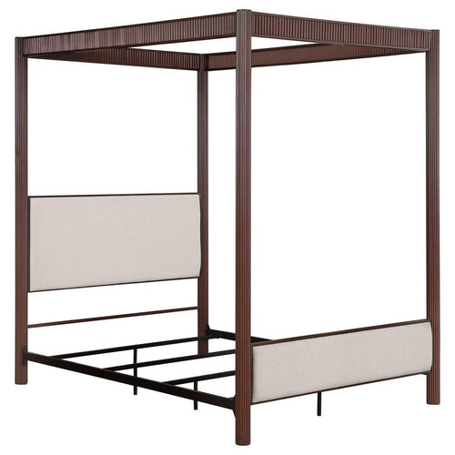 Zemy King Canopy Bed with 4 Posts, Beige Upholstery, Brown Metal