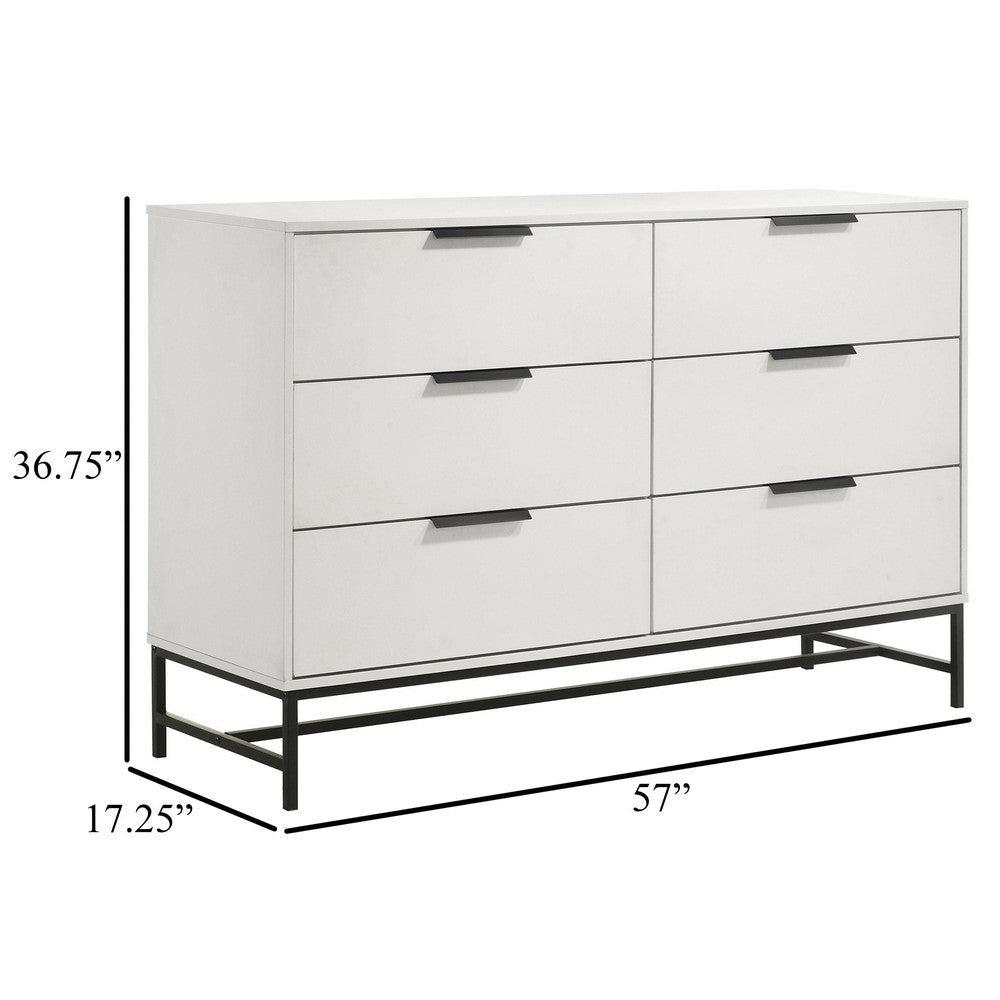 Noro Wide Dresser 6 Storage Drawers Modern White Black Metal Legs BM329235