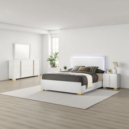 Dex 4 Piece Full Bedroom Set, White, Gold Accents, LED Headboard